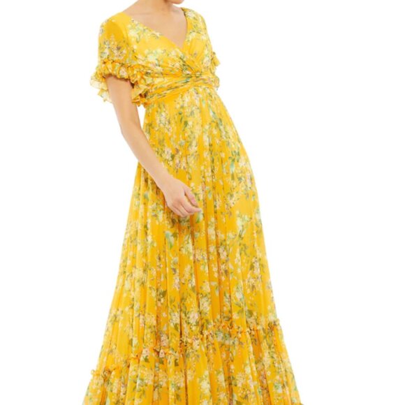 MAC DUGGAL 70241 FLOUNCE SLEEVE FLORAL YELLOW MULTI MAXI GOWN sz 6